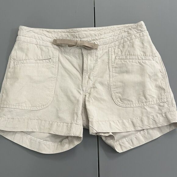 The North Face Shorts Women 6 Beige Linen Cotton Blend Striped 4" inseam Lowrise - Picture 1 of 12